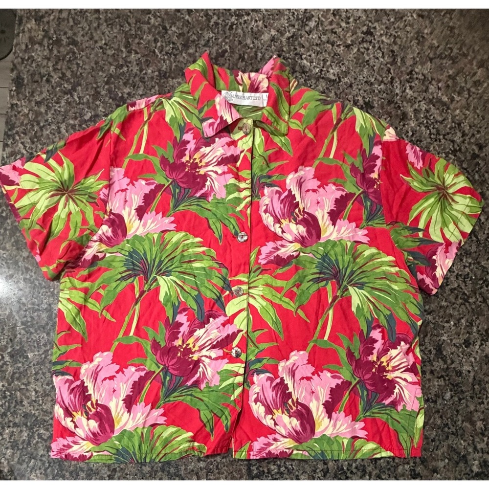 Elyse Hart Ltd Vintage Red Floral Tropical Palm Rayon Button Down Shirt Womens M